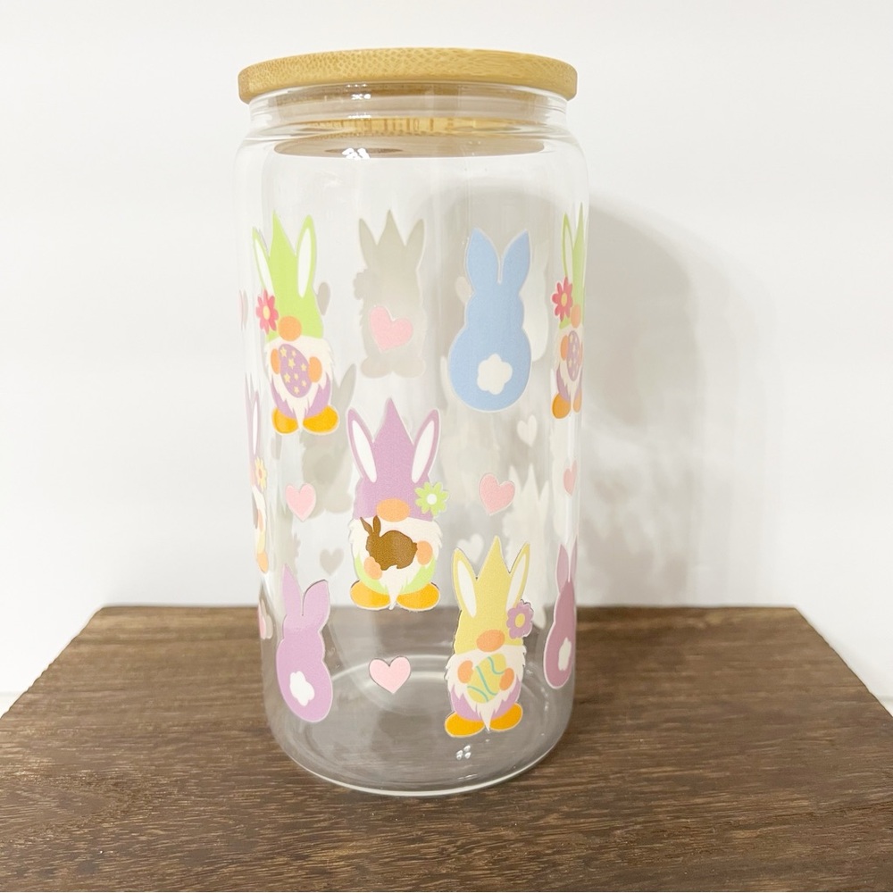 Bunny and Gnome Print Libbey Glass Can with Bamboo Lid and Straw